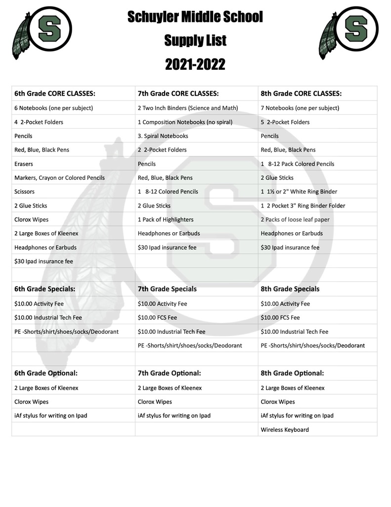 Supply list for 2021-2022 School year
